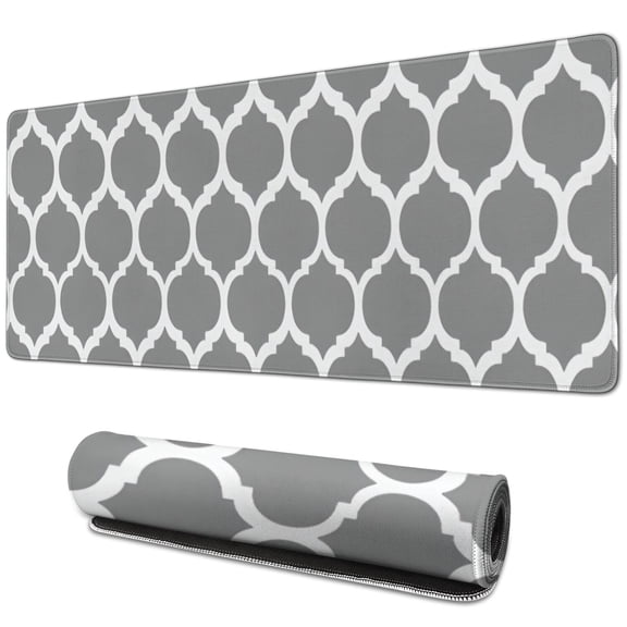Long Mouse Pads for Desk,Gray Geometric Quatrefoil Pattern Desk Mats on Top Of Desks, Desk Mouse Pad Extra Large with 3mm Non-Slip Base and Stitched Edge for Gaming,Office,Work,Home 31.5"x11.8"