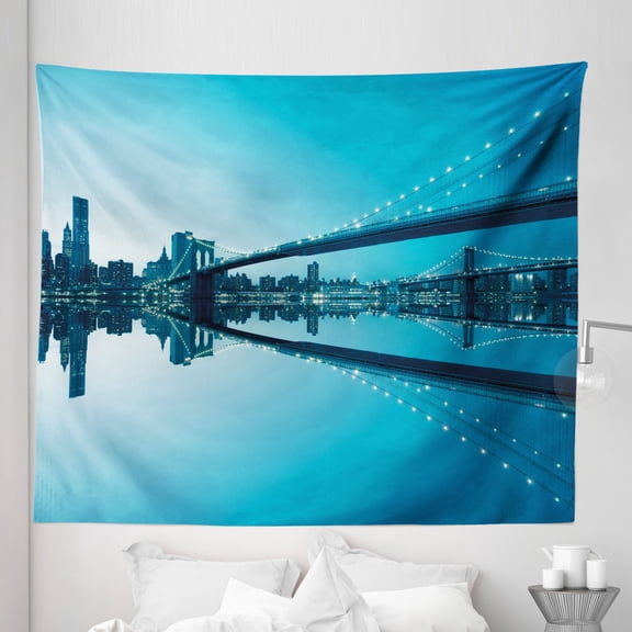 New York Tapestry, NYC Landscape Manhattan Skyline Panorama Monochrome Picture Modern Home Art, Fabric Wall Hanging Decor for Bedroom Living Room Dorm, 5 Sizes, Blue White, by Ambesonne