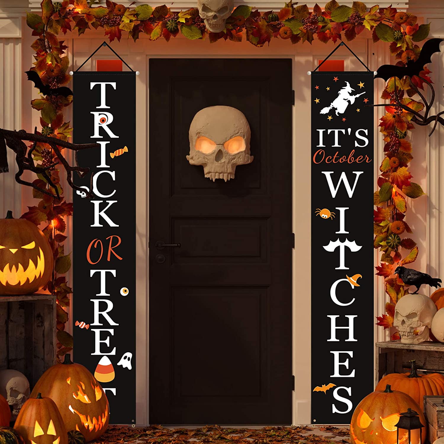 Party Supplies It's October Witches & Trick Or Treat Halloween Hanging Banner Halloween Door Banner Decorations Halloween Banner for Front Porch Halloween Front Porch Banner Outdoor Home Decor 