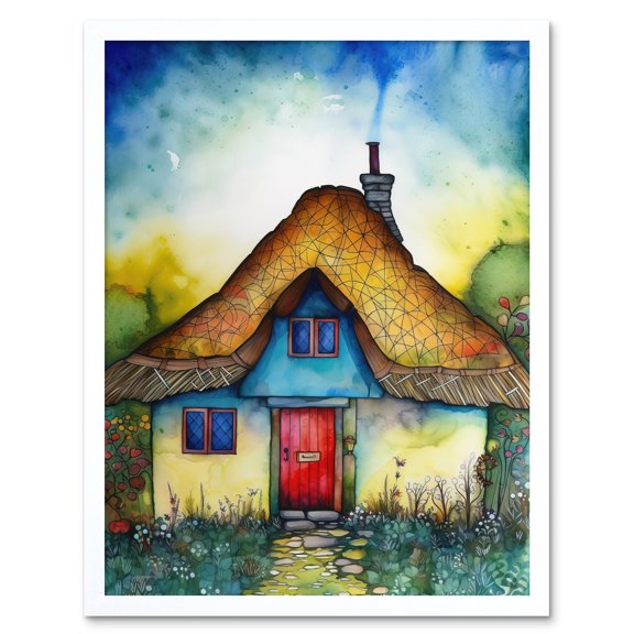 The Thatched Cottage Folk Art Art Print Framed Poster Wall Decor 12x16 inch