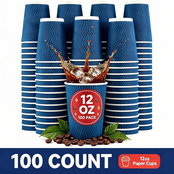 BYSNOW 12 oz Disposable Coffee Cups, Paper Coffee Cups, hot cups, Insulted Paper Cups for Hot Drinking, 100 Count