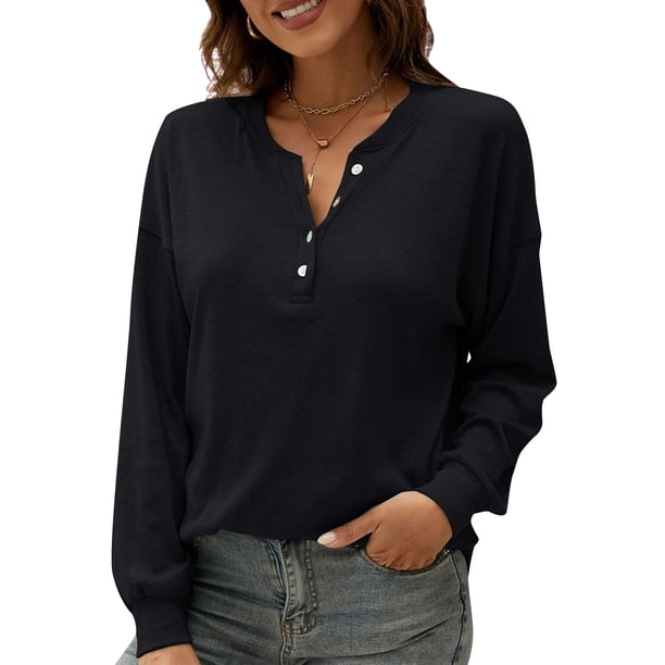 Camiseta mujer, Camiseta holgada de manga larga con hombros caídos y botones para mujer Abody Negro/Pequeña