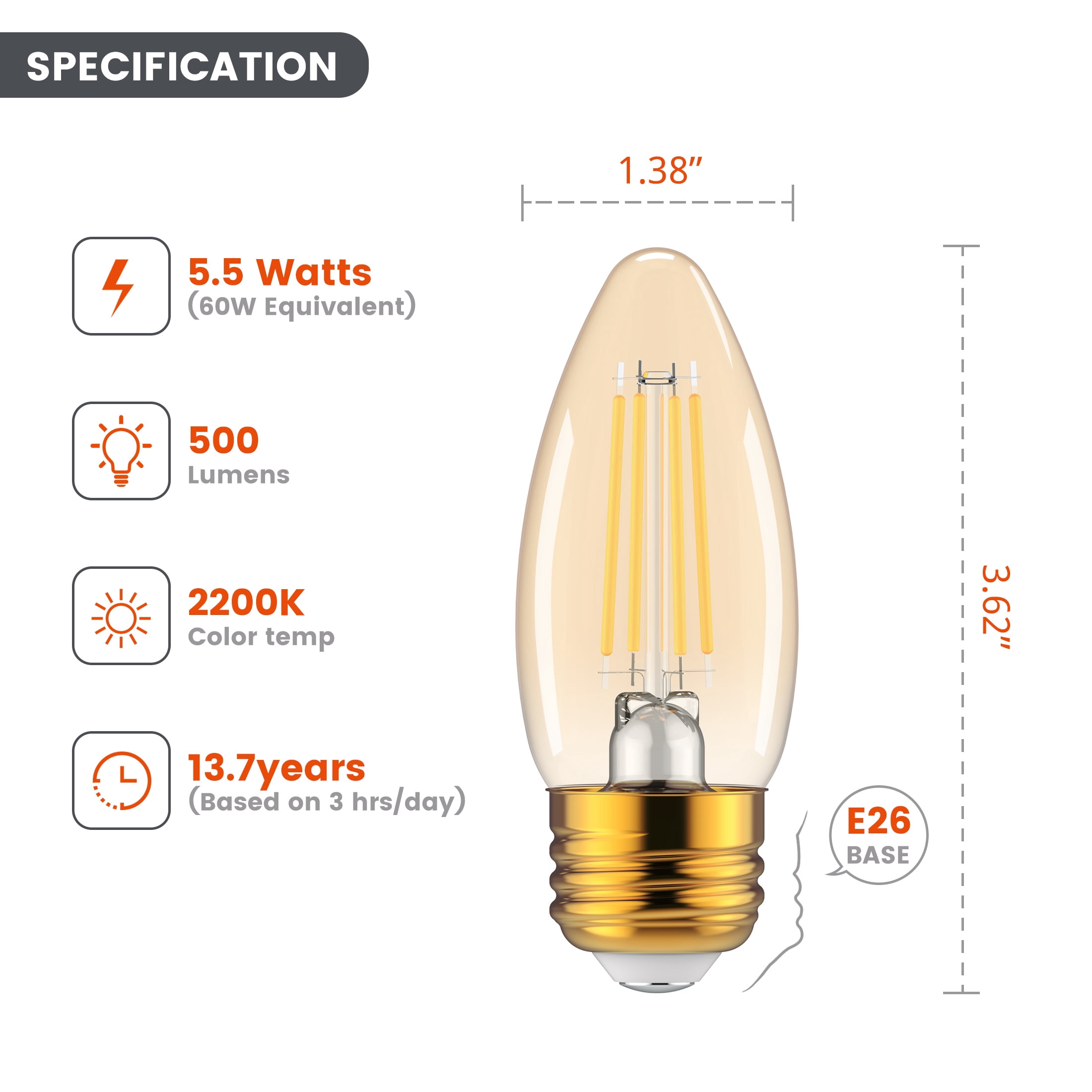 BH&G LED Light Bulb, 5.5-Watt (60W Equiv.) B10 Candle Bulb Dimmable E26 Medium Base Ultra Warm, 8PK