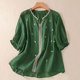 thumbnail image 1 of Fiudx Ofertas Flash Del Día Blusa de Lino con Cuello En V y Manga Corta para Mujer, Blusa Holgada Informal con Bordado Estampado de Primavera y Verano, 1 of 5