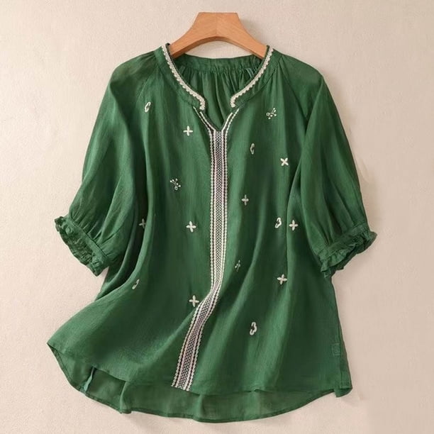 Fiudx Ofertas Flash Del Día Blusa de Lino con Cuello En V y Manga Corta para Mujer, Blusa Holgada Informal con Bordado Estampado de Primavera y Verano