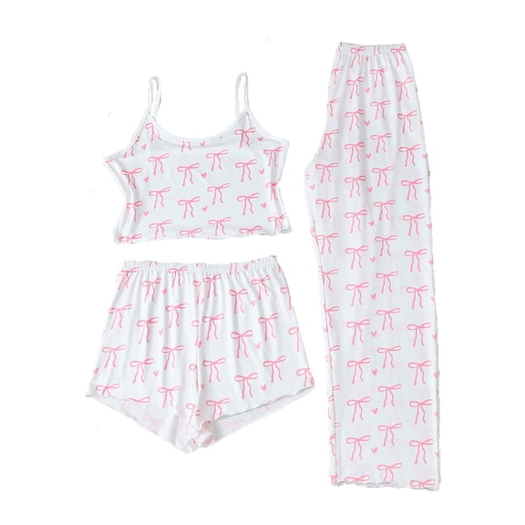 Tnhcen Women's 3 Pieces Pajama Set Bow Print Cami Top Shorts Long Pants Sleepwear Home Wear Soft Stretchy Fabric Casual Comfortable Outfit M-2XL