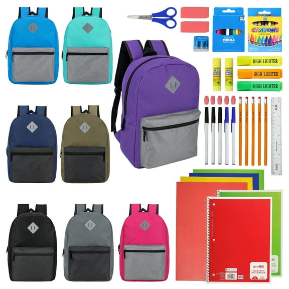 17" Diamond Patch Backpacks & 52 Piece School Supply Kits - 12 of Each