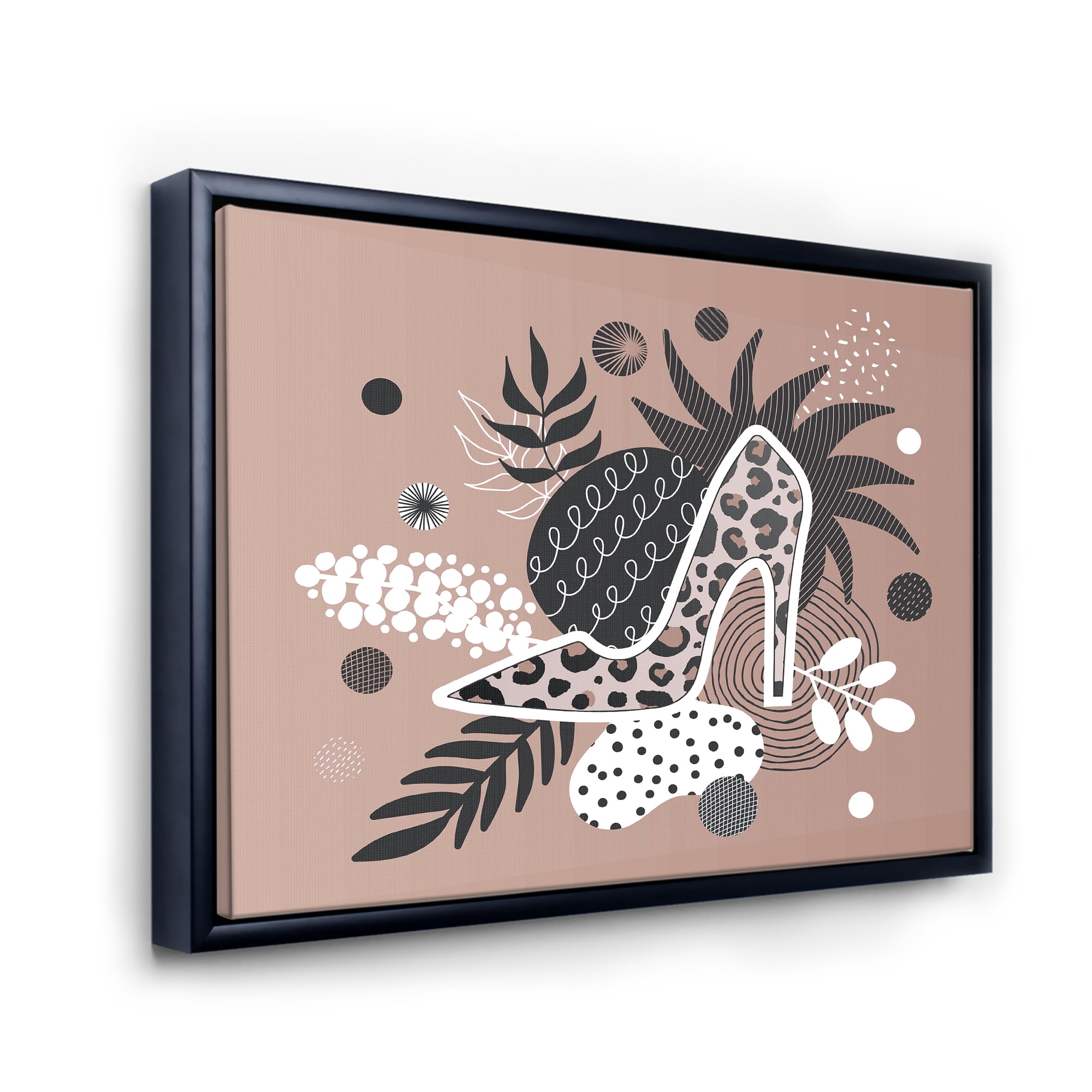 Designart 'Leopard High-Heeled Shoes On Tropical Leaves' Modern Framed Canvas Wall Art Print
