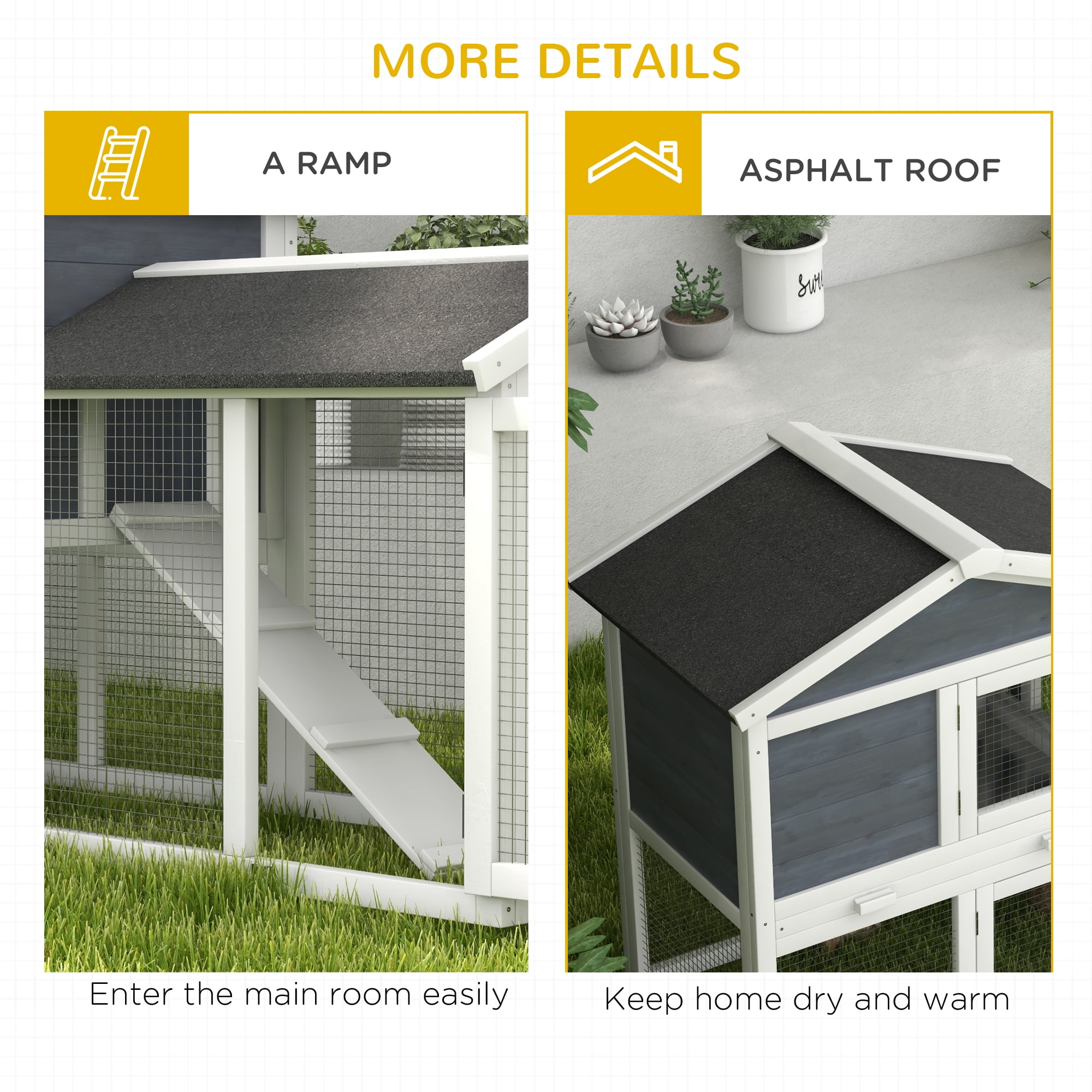 PawHut 58" Wooden Rabbit Hutch with Run, Removable Tray, Asphalt Roof, Gray