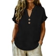 thumbnail image 2 of MOJOGO Women's Ruffle Short Sleeve Tops V Neck Linen Blouse Loose Quarter Button Up Shirts Loose Casual Summer Tops, 2 of 7