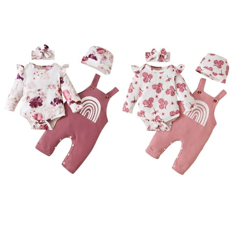 

SYNPOS 0-18M Newborn Baby Girl Outfit Sets Ruffle Long Sleeve Bodysuits Romper+ Suspender Pant+ Headband+ Hat