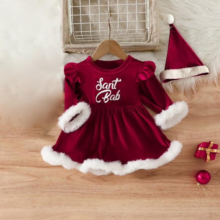 NOKIO Velvet Christmas Dress For Girls Girls Green Christmas Dress Baby Girl Christmas Dress Santa Baby Onesie Red Velvet Romper Dress With Santa Hat 2Pcs Xmas Clothes Kids Velvet Party Dress