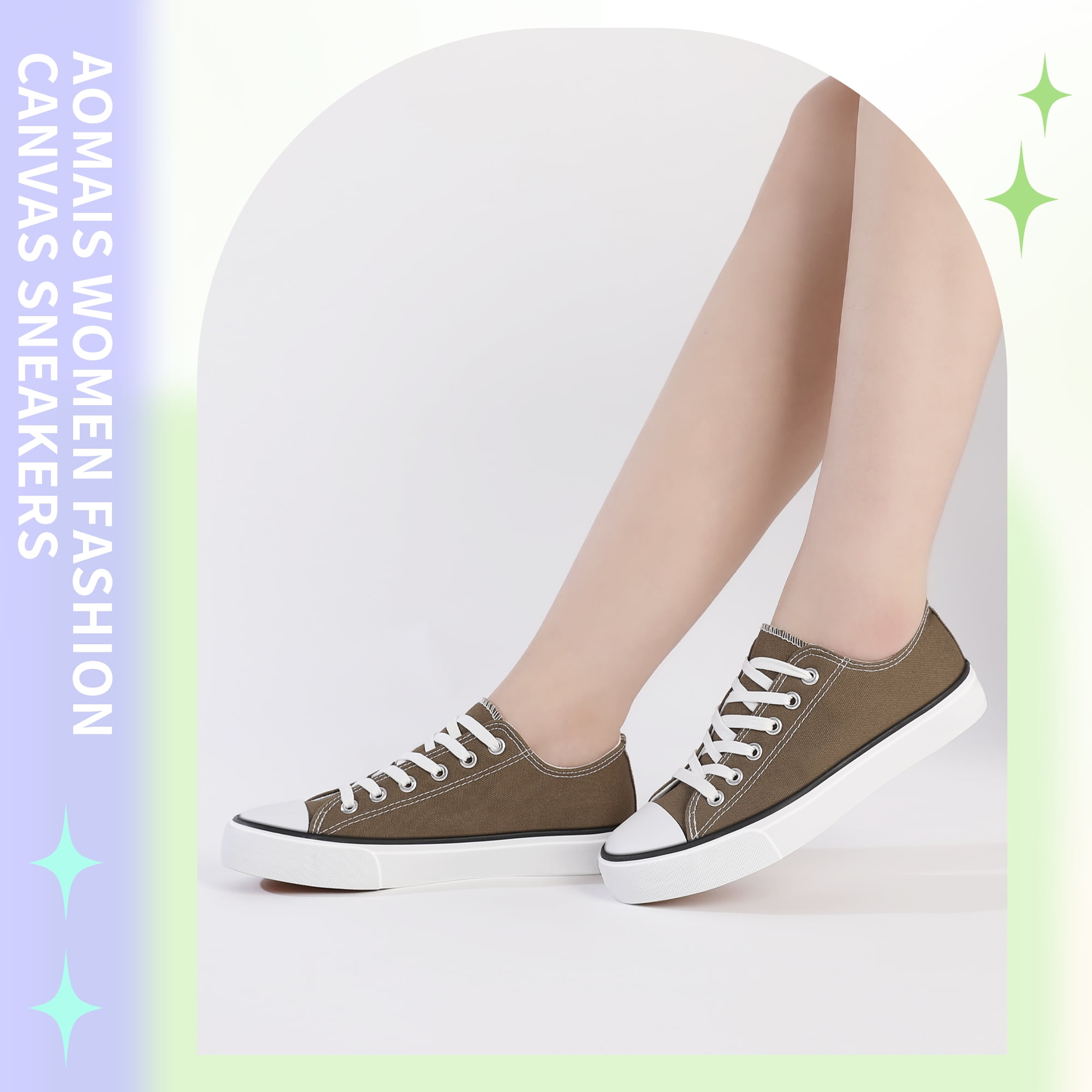 AOMAIS Womens Canvas Fashion Sneakers Classic Low Top Fabric Shoes Casual Walking Canvas Flats Cute Lace Up Tennis Shoes for Lady(Brown US8)