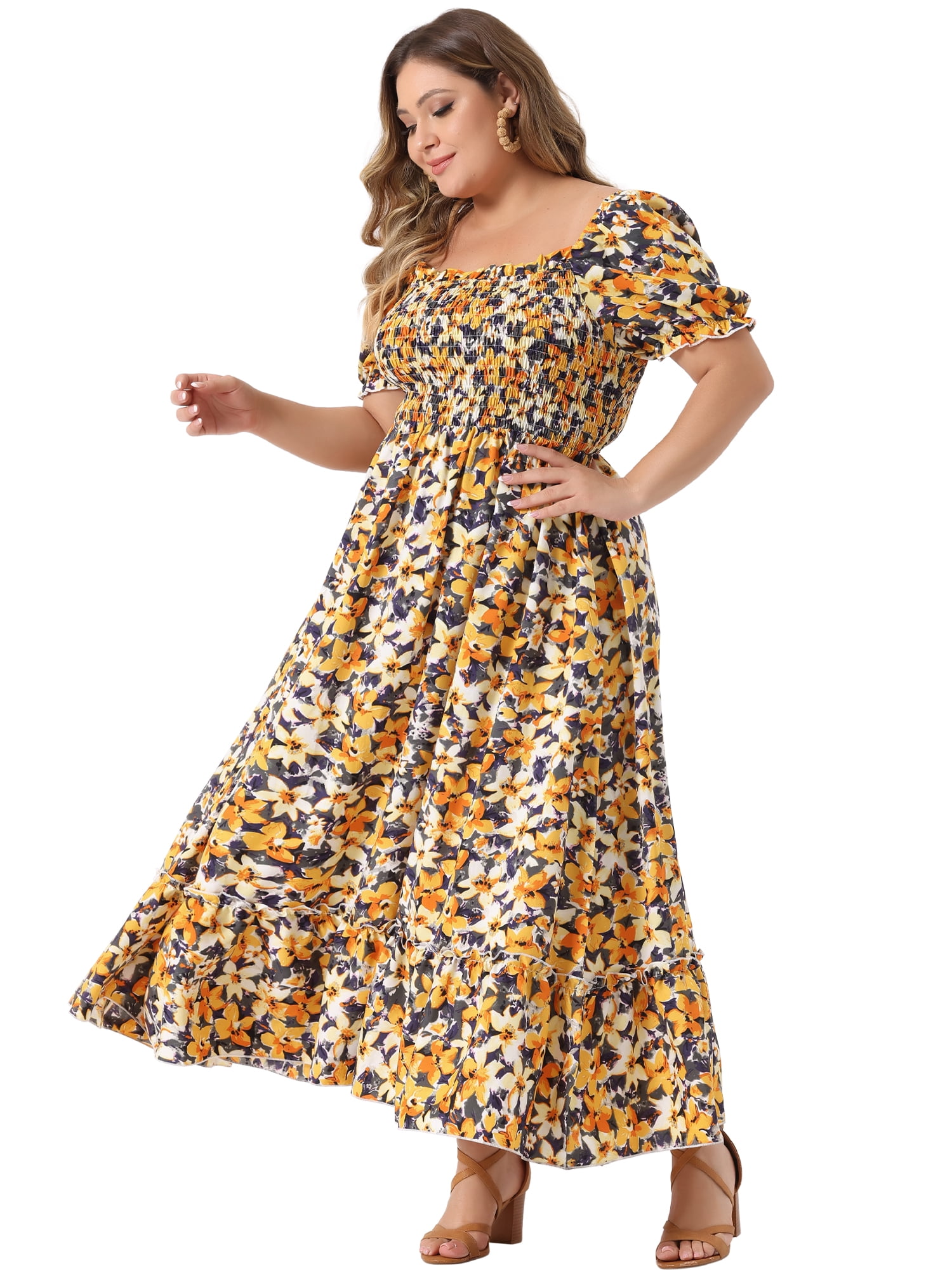 DARING DIVA Women's Plus Size Short Sleeve Square Neck Maxi Floral Dress 1X Yellow