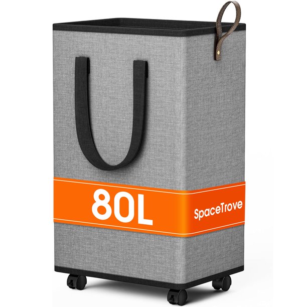 Cesto de ropa SpaceTrove con ruedas plegable de 80 litros, color gris