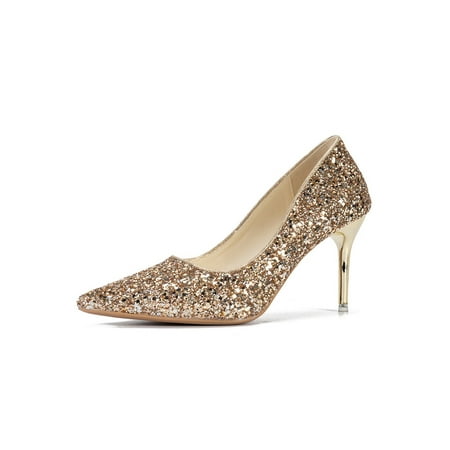 

Gomelly Womens Dress Shoes Pointed Toe Pumps Wedding Shoes Bridal Heels Ladies Sparkly Stiletto Heels Gold 7