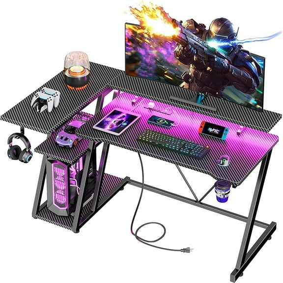 40 Inch Gaming Desk with Power Outlet & LED Lights, L Shaped Computer Gaming Table with 3 Tiers Storage Shelves, Corner Gamer Desk with Monitor Stand for Small Space,