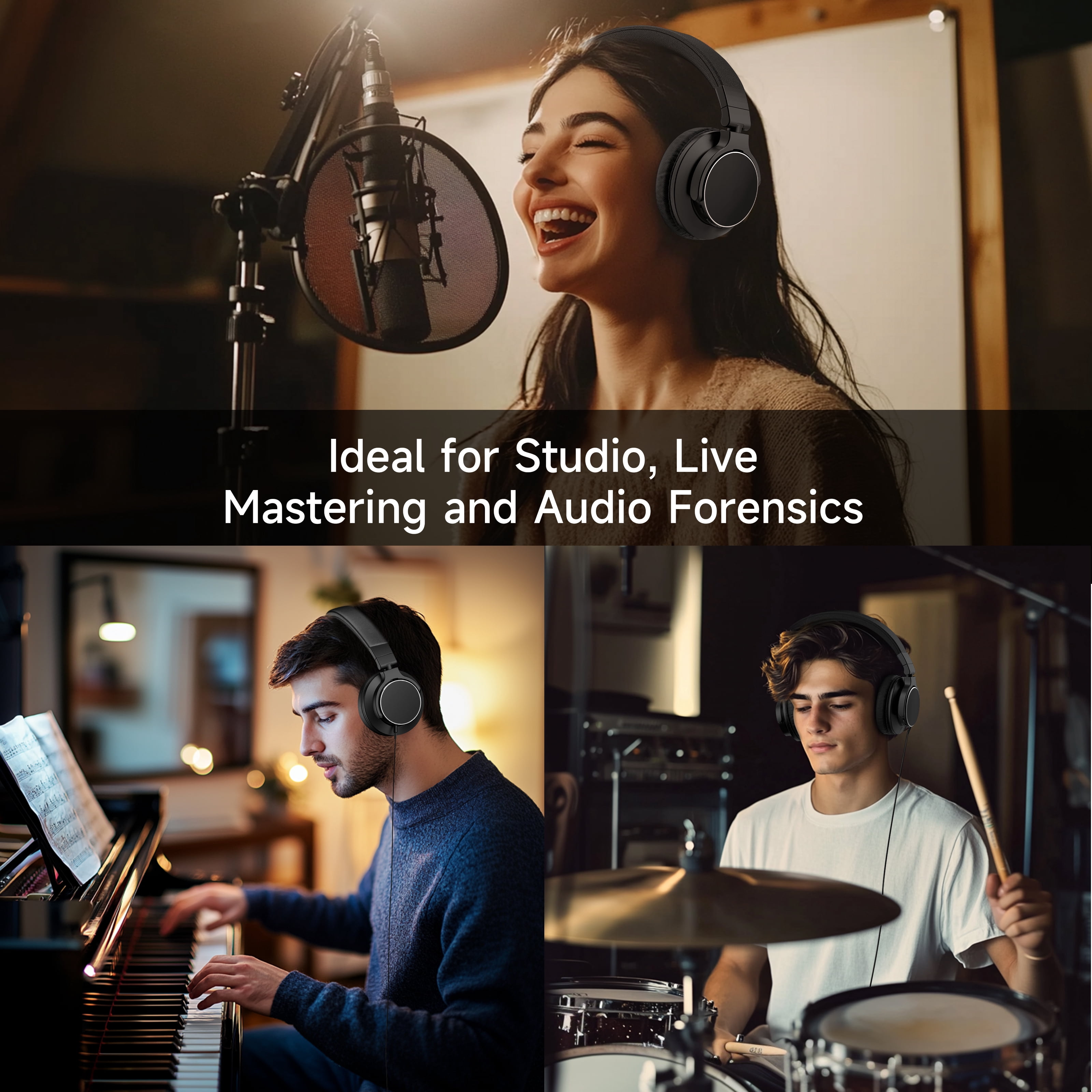 FFN DJ Headphones over Ear Wireless Headphones Monitor & Mixing, Studio Headphones with 50mm Neodymium Drivers and 1/4 to 3.5mm Jack for Amp Computer Recording Podcast Keyboard Guitar Laptop,Black