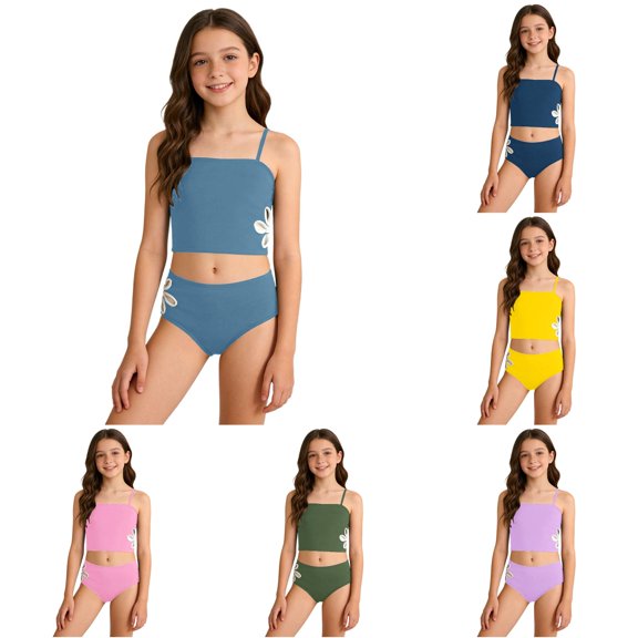 TBWNWG Girls Two-Piece Swim Set for Girls with Side Floral and Strappy Tankini Top Plus Brief Bottoms Summer Beachwear for Kids