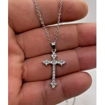 "Cross Necklace Pendant with Simulated Lab Diamonds in 925 Sterling Silver"