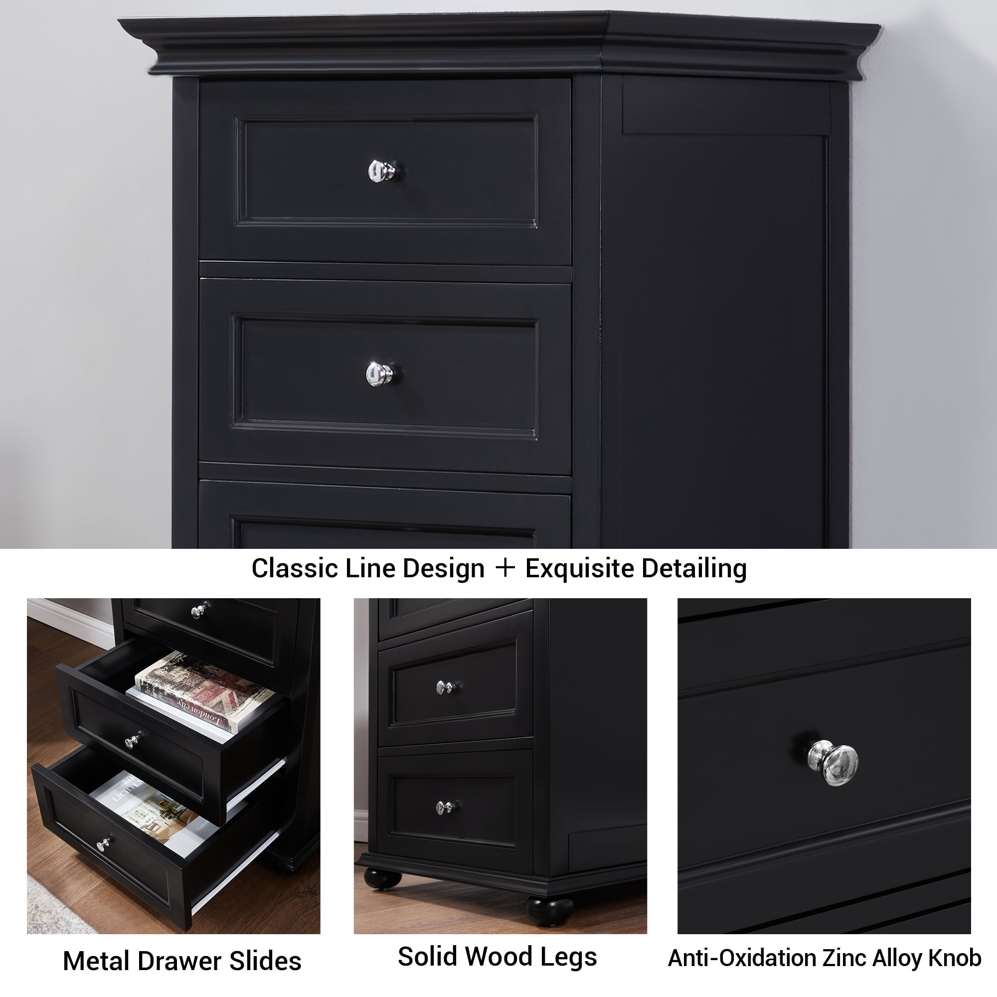 BOUQUETYZ Tall Skinny Black Dresser with 7-Drawer, Tall Narrow Chest of Drawers for Bedroom, Solid Wood Legs & Silent Metal Glides, 52" H