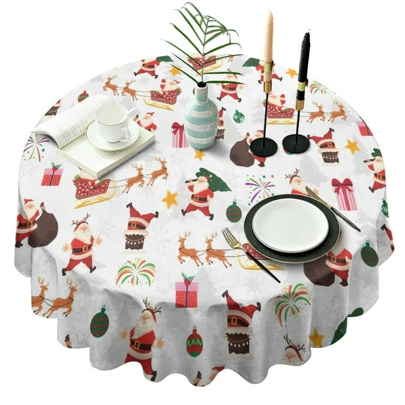 White Christmas Santa and Gift Pattern Round Tablecloth 60"x60",Wrinkle Wipeable Table Cloth for Kitchen Dining Room Picnic Patio Party