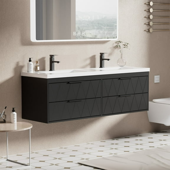 Eclife 60" Modern Wall-Mount Double Sink Bathroom Vanity with Resin Top and Soft-Close Drawers