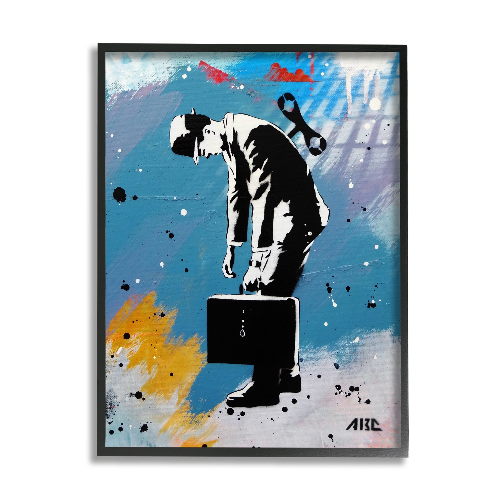 Street Style Wind Up Toy Businessman Modern Splatter Abstract Painting Framed Art Print Wall Art