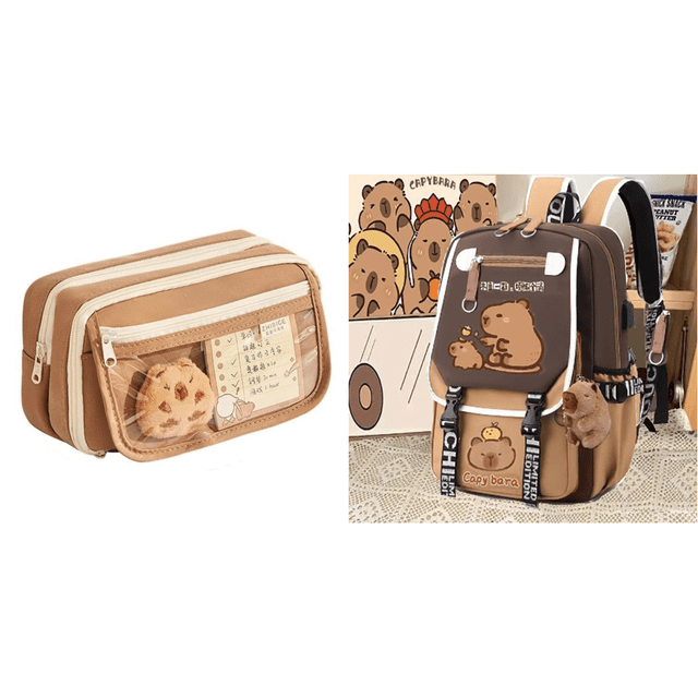 Estuche para Lápices Capybara 9 Capas Con Pegatinas Lona para Útiles Escolares (café)