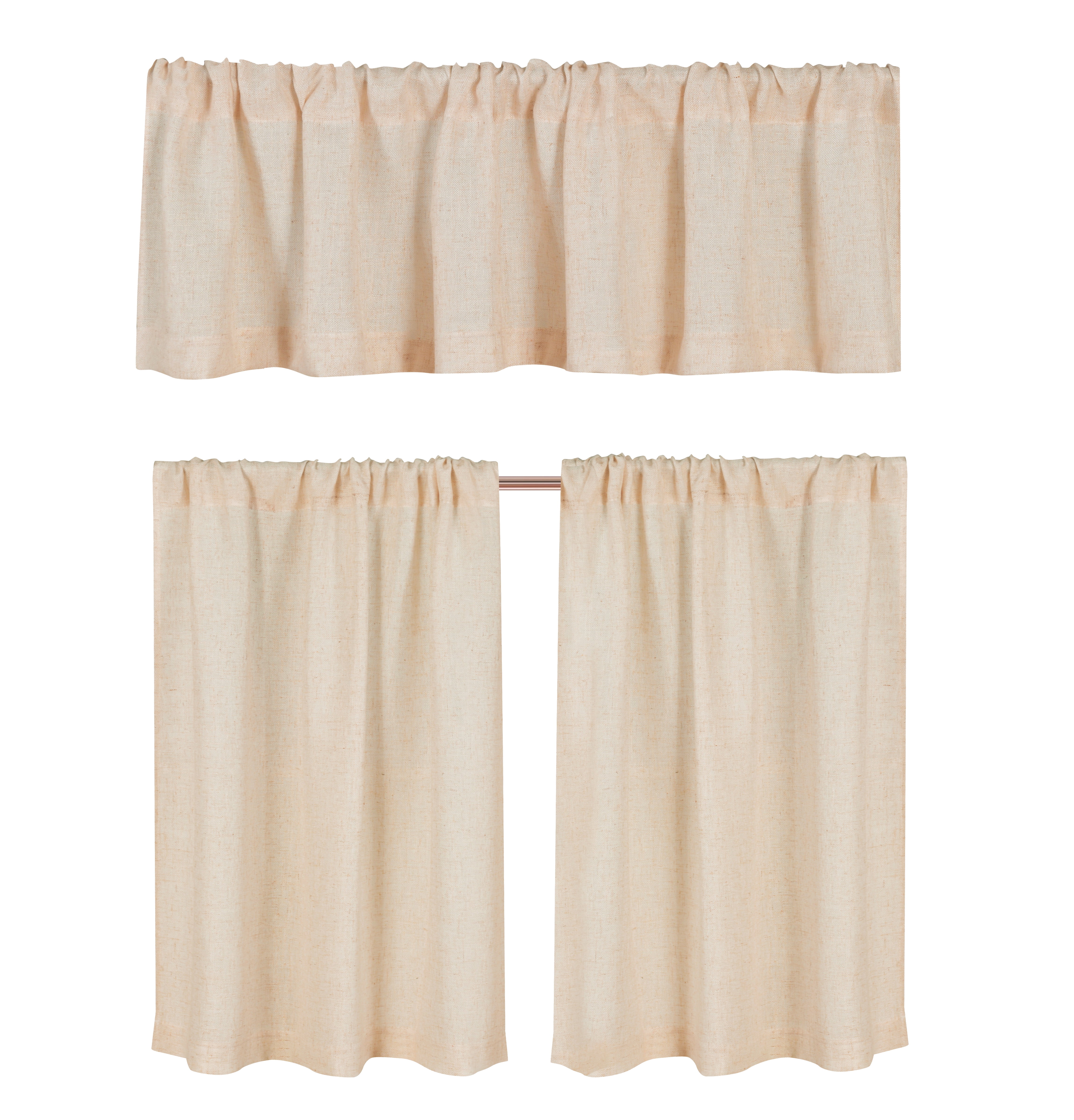 Better Homes & Gardens Linen Blend Light Filtering Rod Pocket Kitchen Curtain Tiers and Valance Set, 3 Panels, Papyrus Beige, 60 x 36 in