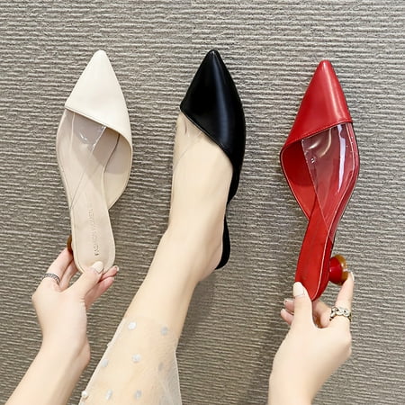 

KangQi Women Pointed Toe Low Kitten Heel Mules Slippers Clear Pumps Slip-on Dress Shoes