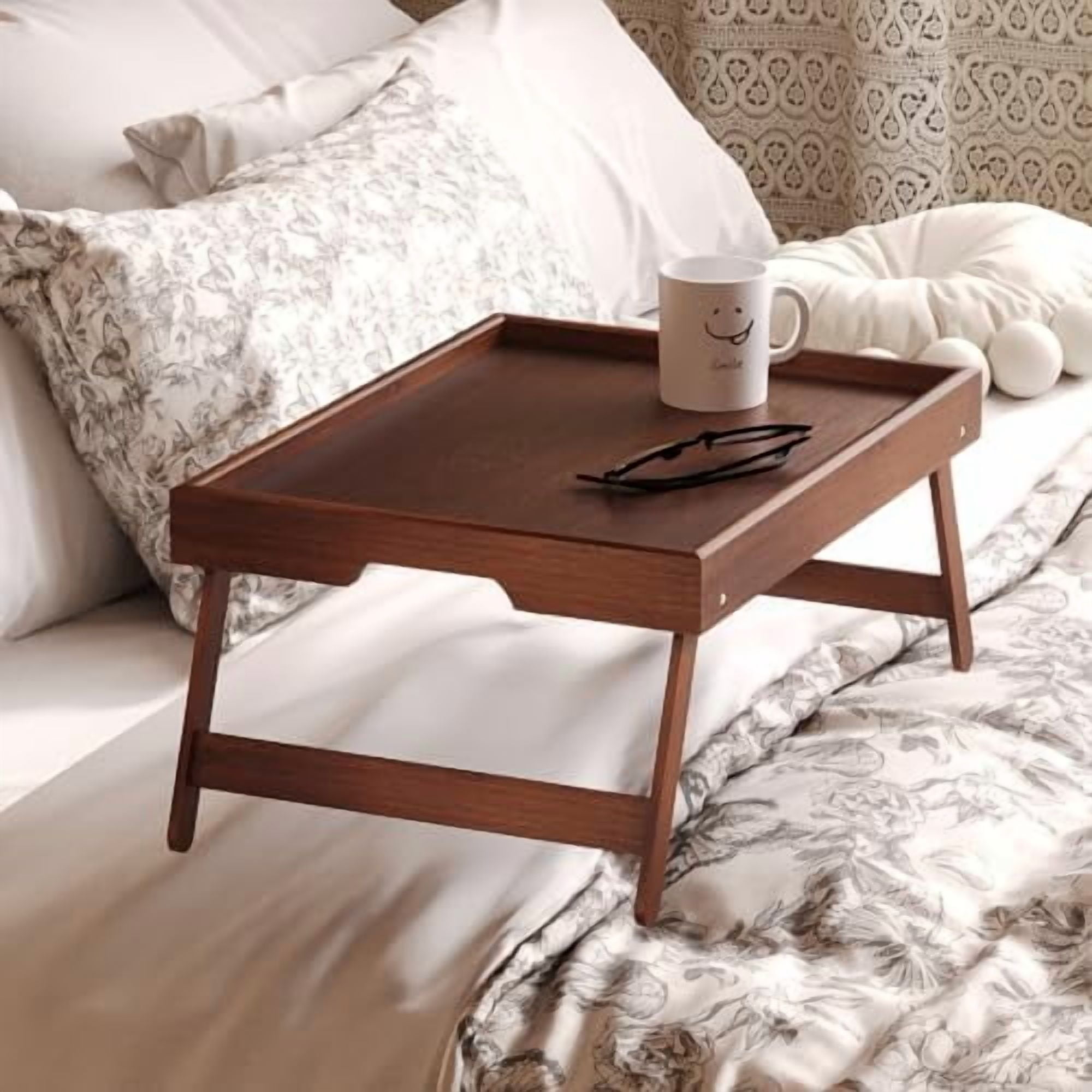 2 Pack Bamboo Bed Tray Table with Folding Legs,Breakfast Trays,Serving Tray for Food and Snack,Laptop Trays for Working(Brown)