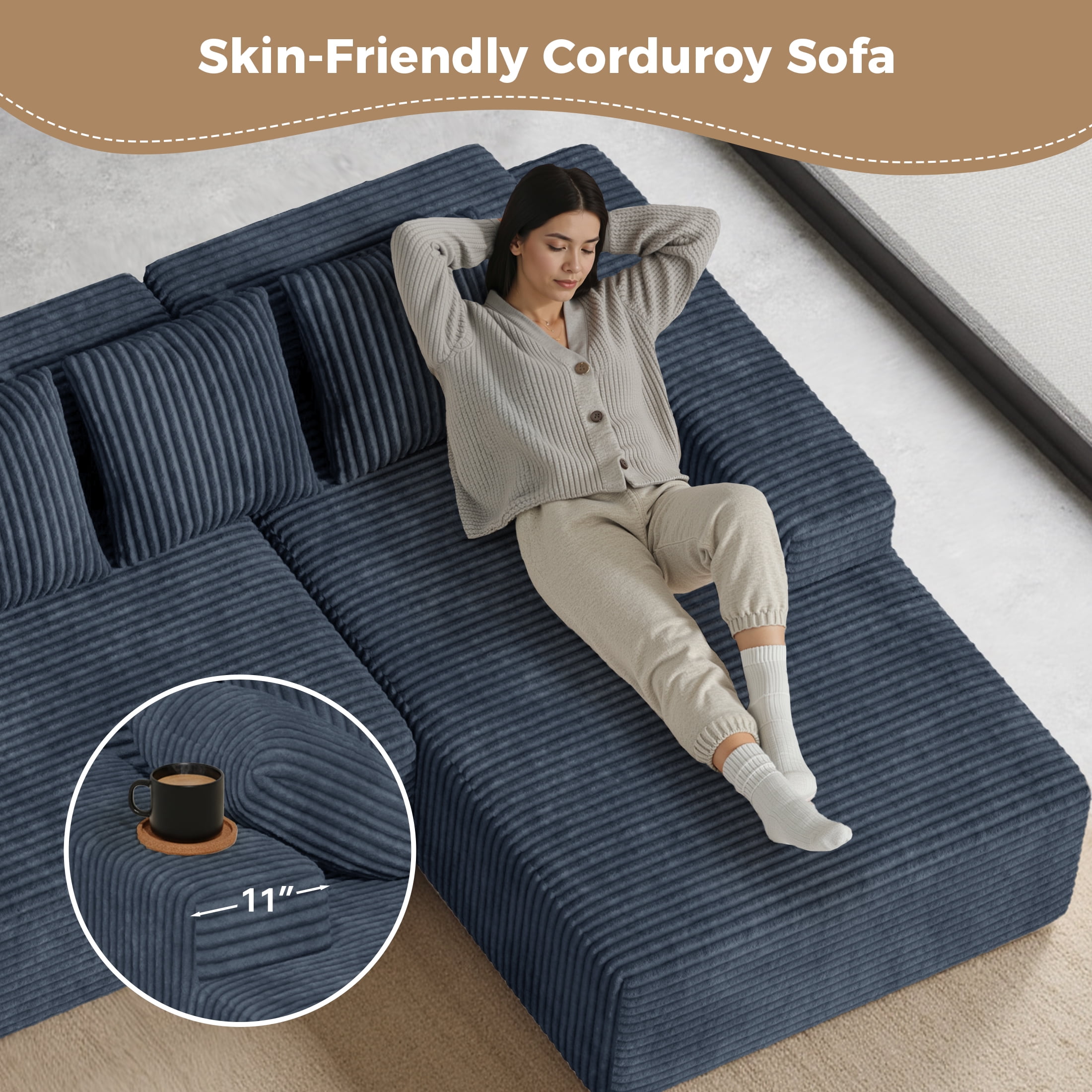 Daluvenix 131'' Modular Sectional Couch Modern U-Shaped Floor Sofa with Double Chaise Lounge Free Combination Luxury Couches for Living Room Gray