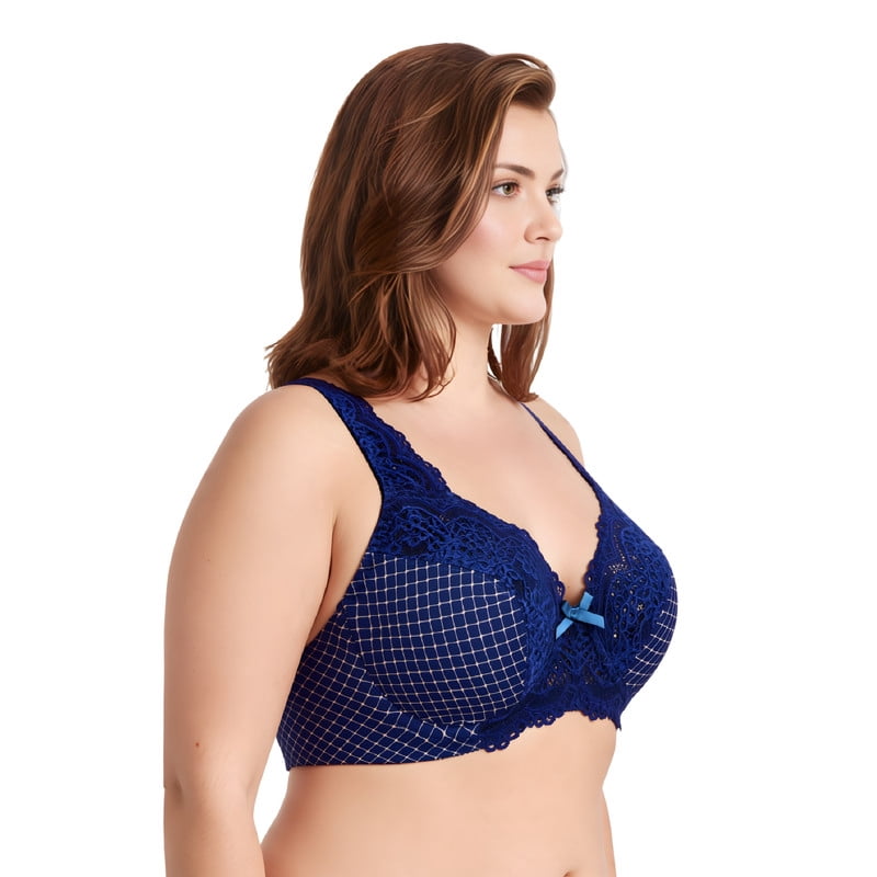 Curve Muse Women's Minimizer Unlined Underwire Bra With Lace Embroidery-2 pack-Buttermilk Print,Blue Print-34B