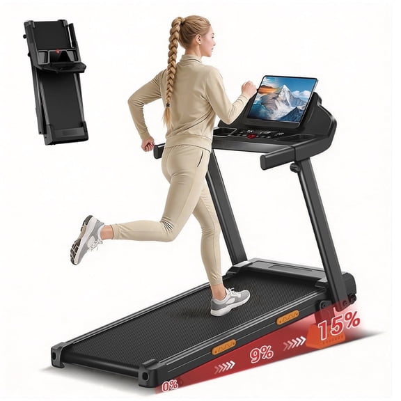 CURSOR FITNESS 4-in-1 15% Incline Folding Treadmill for Home, 3.0HP Quiet Motor with 7-Layer Shock Absorption, 300 lbs Capacity, 3 LED Displays with Handrails