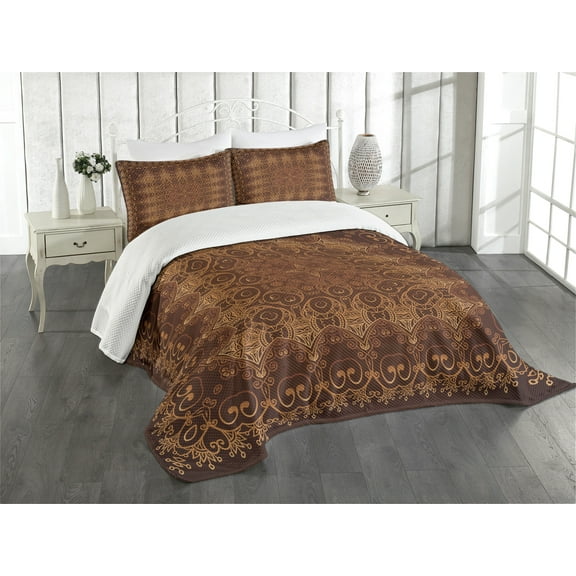 Ambesonne Vintage Quilted Bedspread Set 3 Pcs, Persian Lace, Queen Size, Orange Brown