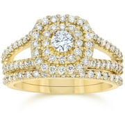 Pompeii 1 1/10CT Cushion Halo Diamond Engagement Wedding Ring Set 10K Yellow Gold