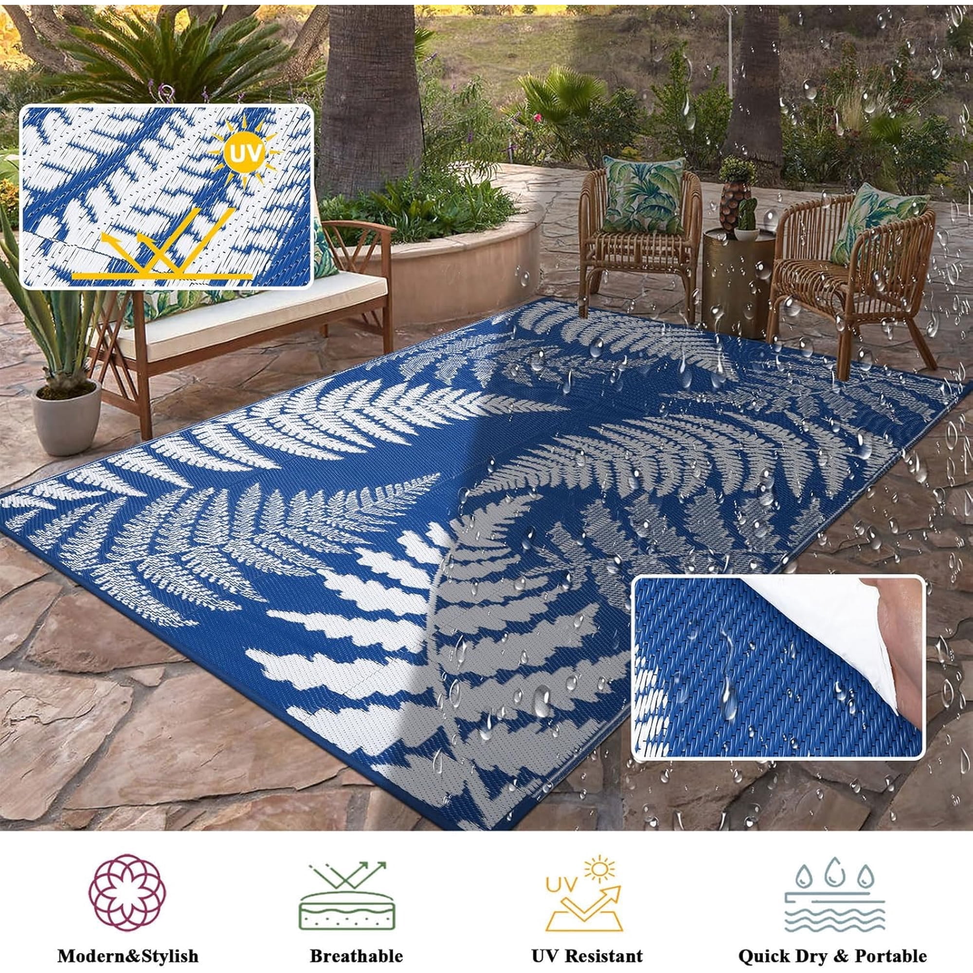 9'x12' Outdoor Rugs for Patios, Yamaziot Patio Rug RV Mat, Waterproof Reversible Plastic Straw Camping Rug for Deck Porch Balcony Blue Beach Blanket