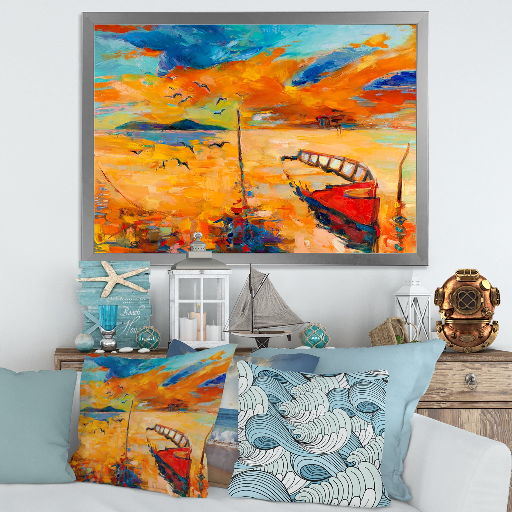 Boat At The Lake During Evening Glow VIII 32 in x 24 in Framed Painting Canvas Art Print, by Designart