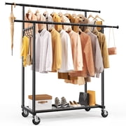 HOKEEPER Heavy Duty Double Rails Clothes Rack with Shelves, 450lbs Capacity Steel Garment Rack with Wheels, Commercial Grade Adjustable Length Bottom Mesh Shelf for Storage, Black