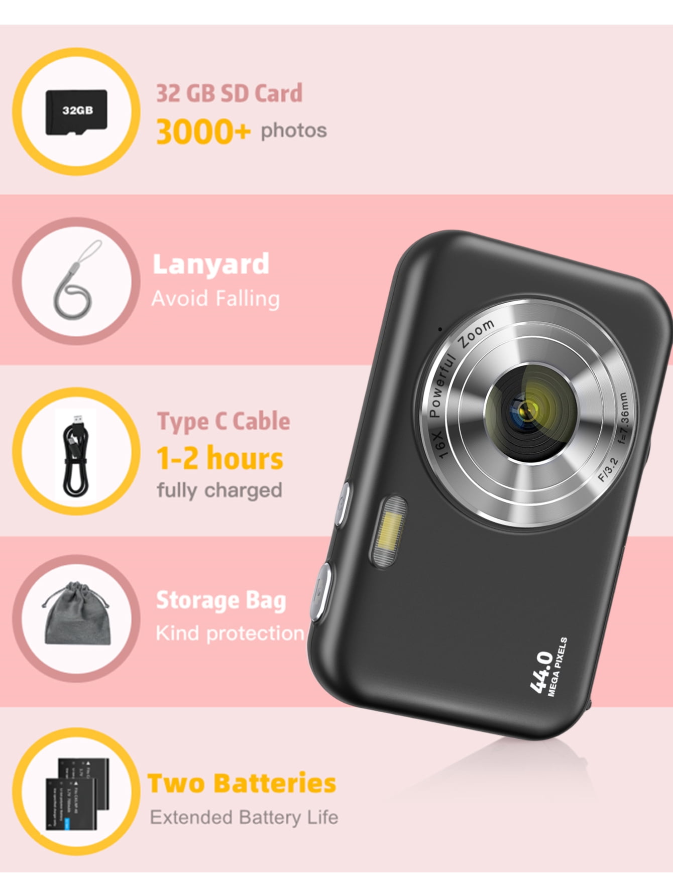 Digital Camera Newest 1080P Digital Camera for Kids with 32GB Card Anti-Shake, Portable Point and Shoot Camera Fill Flash 16X Zoom, Small Camera