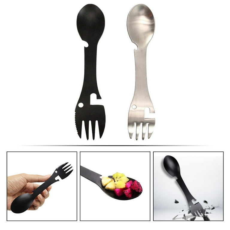 Crethinkaty 2-Pack Stainless Steel Camping Spork - 5-in-1 Spoon, Fork, Knife, Bottle Opener & Ruler