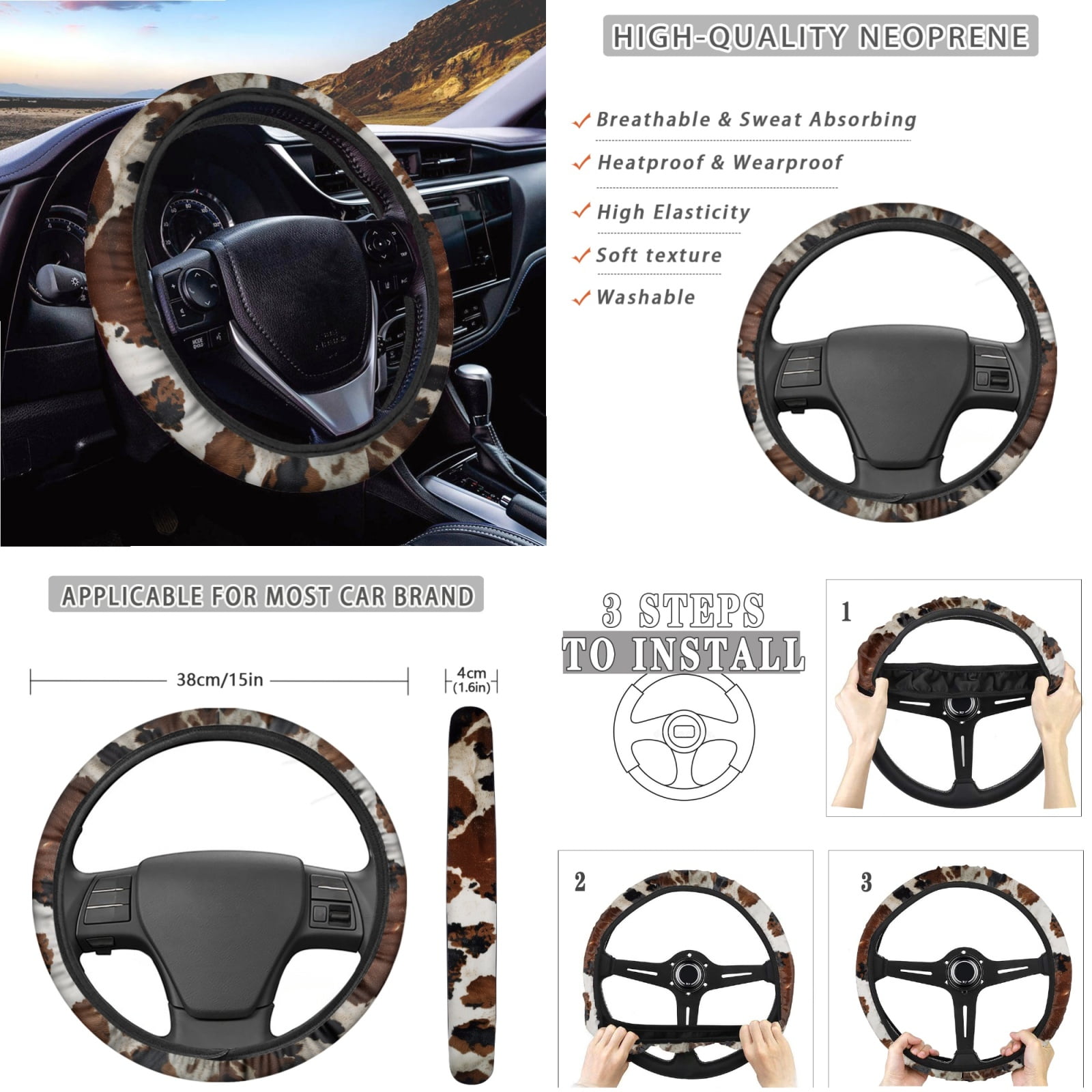 Jeiento Brown Cow Print 14 PCS Car Seat Cover Full Set with Steering Wheel Cover Seat Belt Covers Trash Can Rear View Mirror Cover Center Console Cover Cup Coasters Handbrake Cover Set
