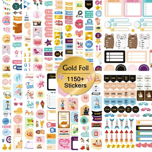 Mokani Gold Foil Planner Stickers, 1150  Cute Colorful Stickers (21 Sheets) for Calendar, Planner, Journal - Perfect for Setting up Work, Daily to Do, Budget, Family, Holidays