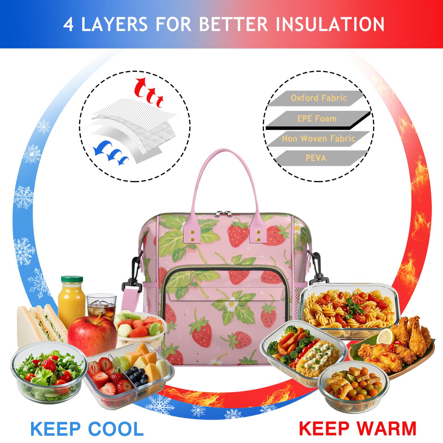 Large Cooler Bag Insulated Bags for Working Women,Leakproof Lunch Box with Multi Pockets for Adult,Insulated Lunch Box for Beach,Picnic,Work,Strawberry