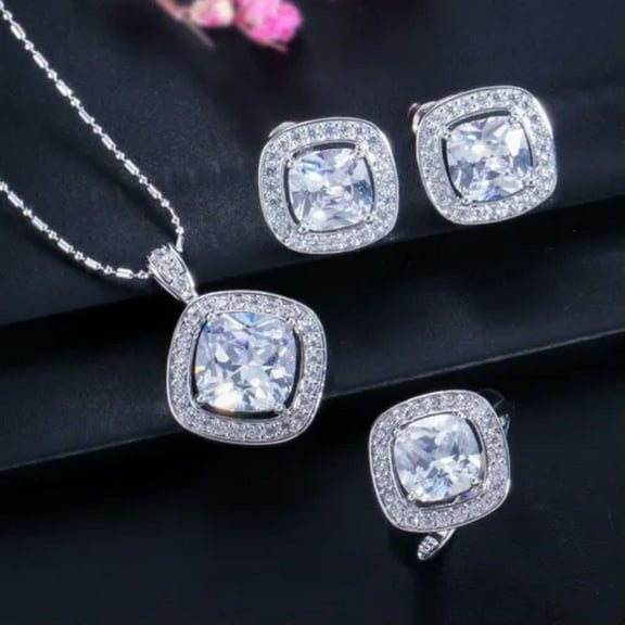 Purple Cubic Zirconia Austrian Crystal Necklace Earrings Ring Silver Plated Set