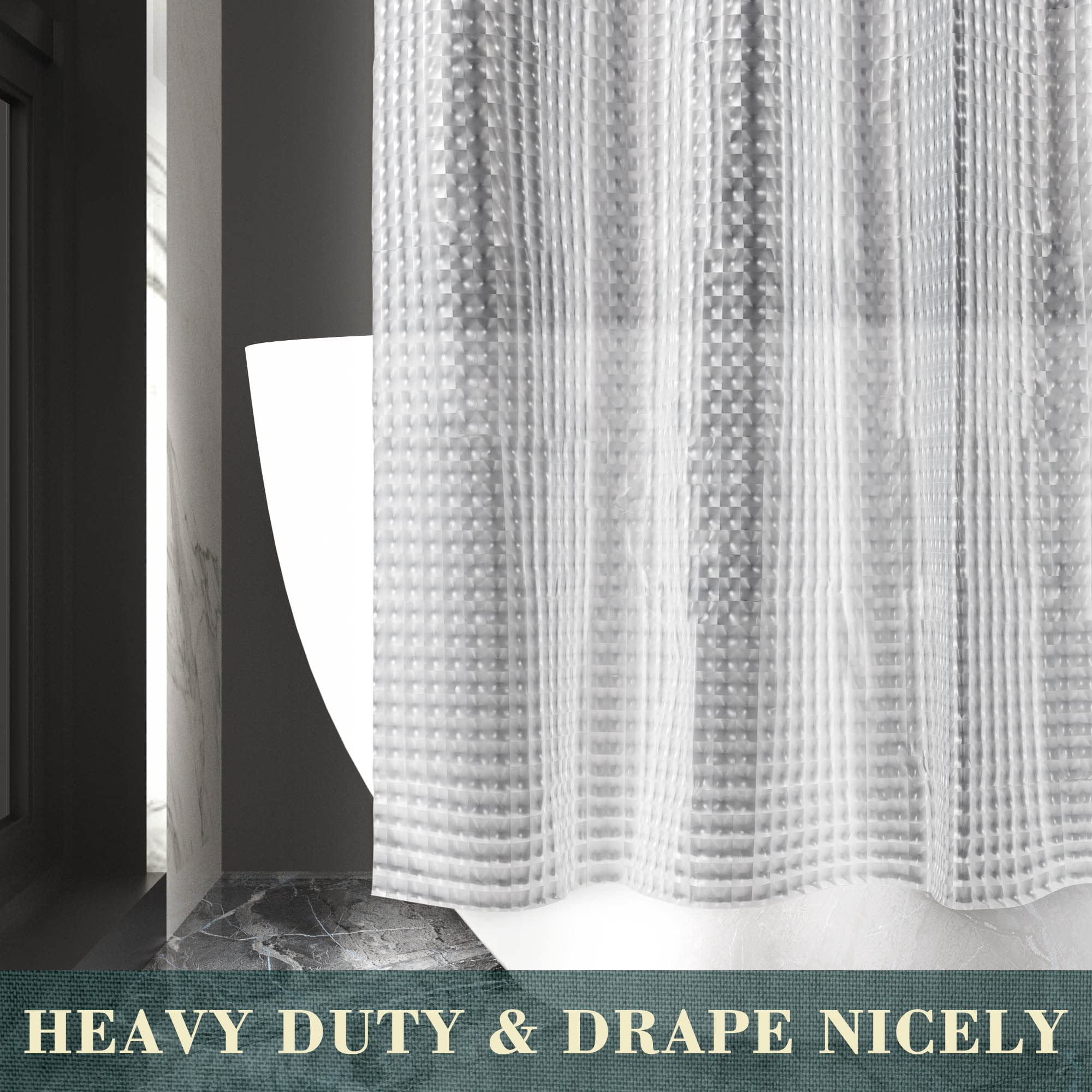 No Hook Shower Curtain Or Liner - 8g Heavy Duty Grid Bathroom Hooks Required  Waterproof Plastic & Pvc Free Standard Size 71 X 74 Square