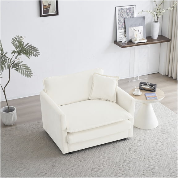 JERFIT Modern Chenille Accent Chair with Pillow, Single Sofa for Living Room, Upholstered Reading Armchair in White