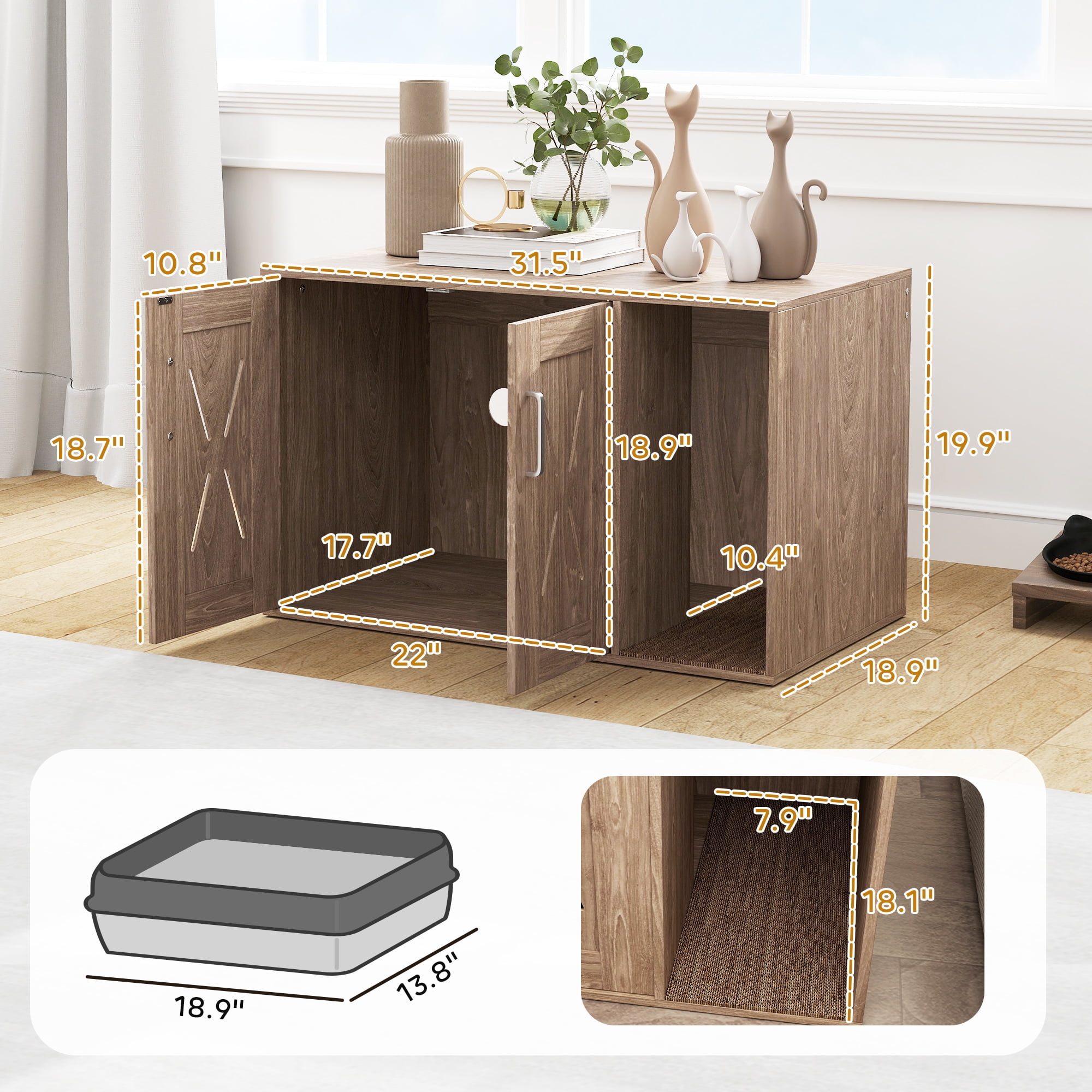PawHut Cat Litter Box Enclosure, Hidden Litter Box Furniture with Scratching Board, Cat Washroom End Side Table, 31.5" x 19" x 20", Walnut Brown