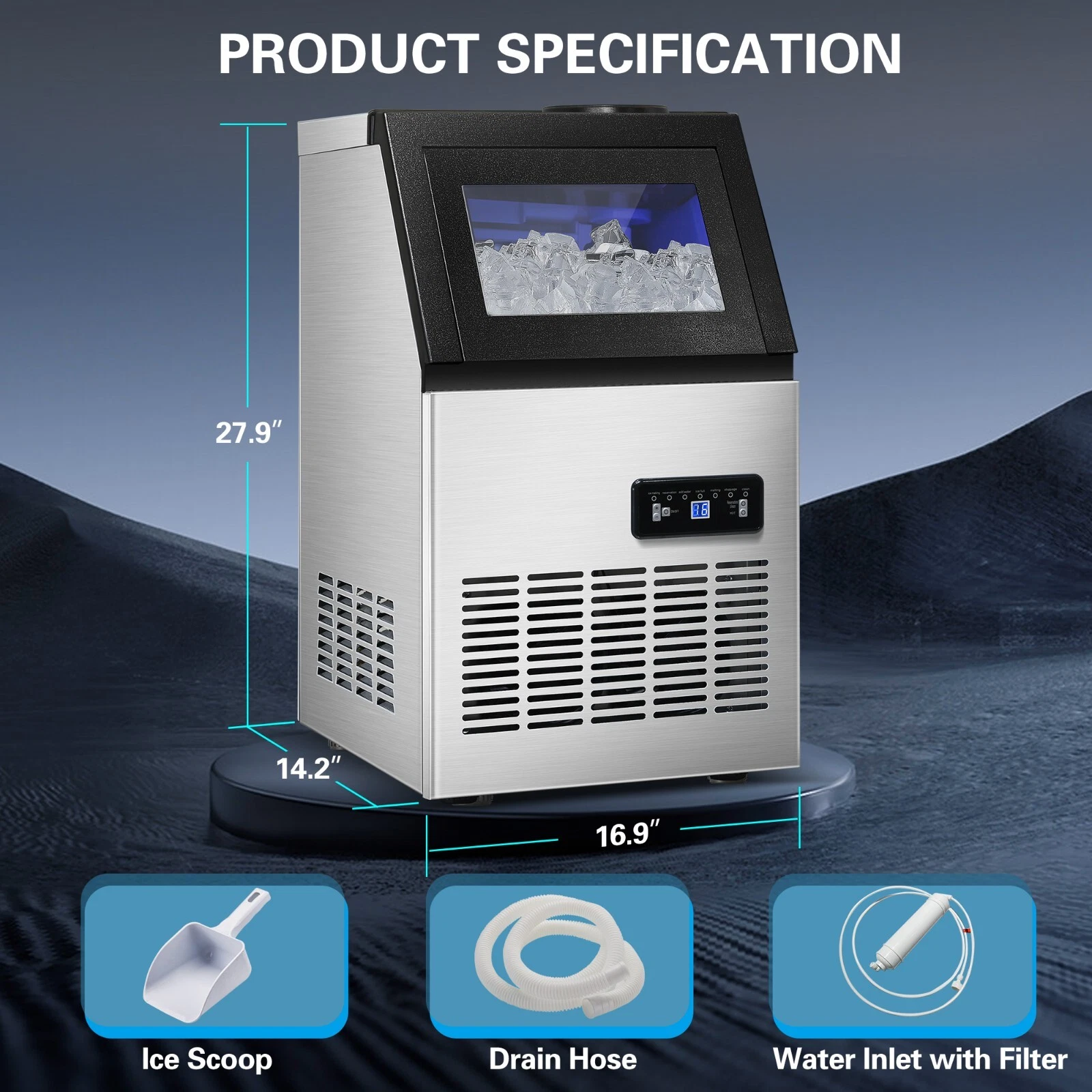 Commercial Ice Maker 120lb Stainless Steel Bar Restaurant Built-in Ice Cube Machine 120LBS/24H Commercial Ice Maker Machine, Freestanding Stainless Steel with Adjustable Ice Thickness & LCD Control,4